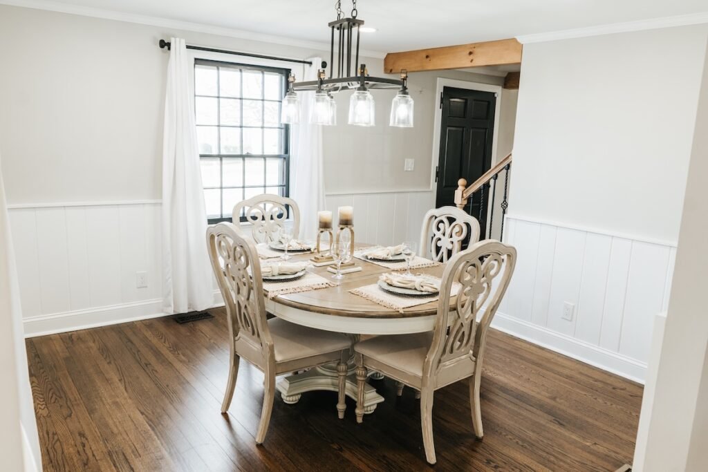 Kitchen remodeling project dining area with modern flooring completed by contractor in Connecticut