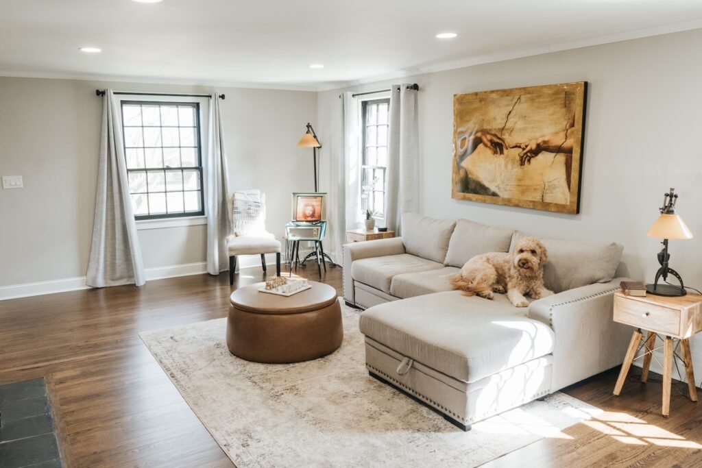 Custom interior carpentry finishing in a modern living room with trim details in Newington Connecticut