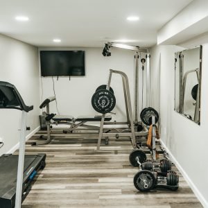 Finished basement home gym installation as part of a basement finishing project in Newington Connecticut