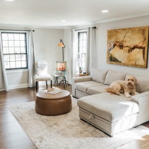 Custom interior carpentry finishing in a modern living room with trim details in Newington Connecticut